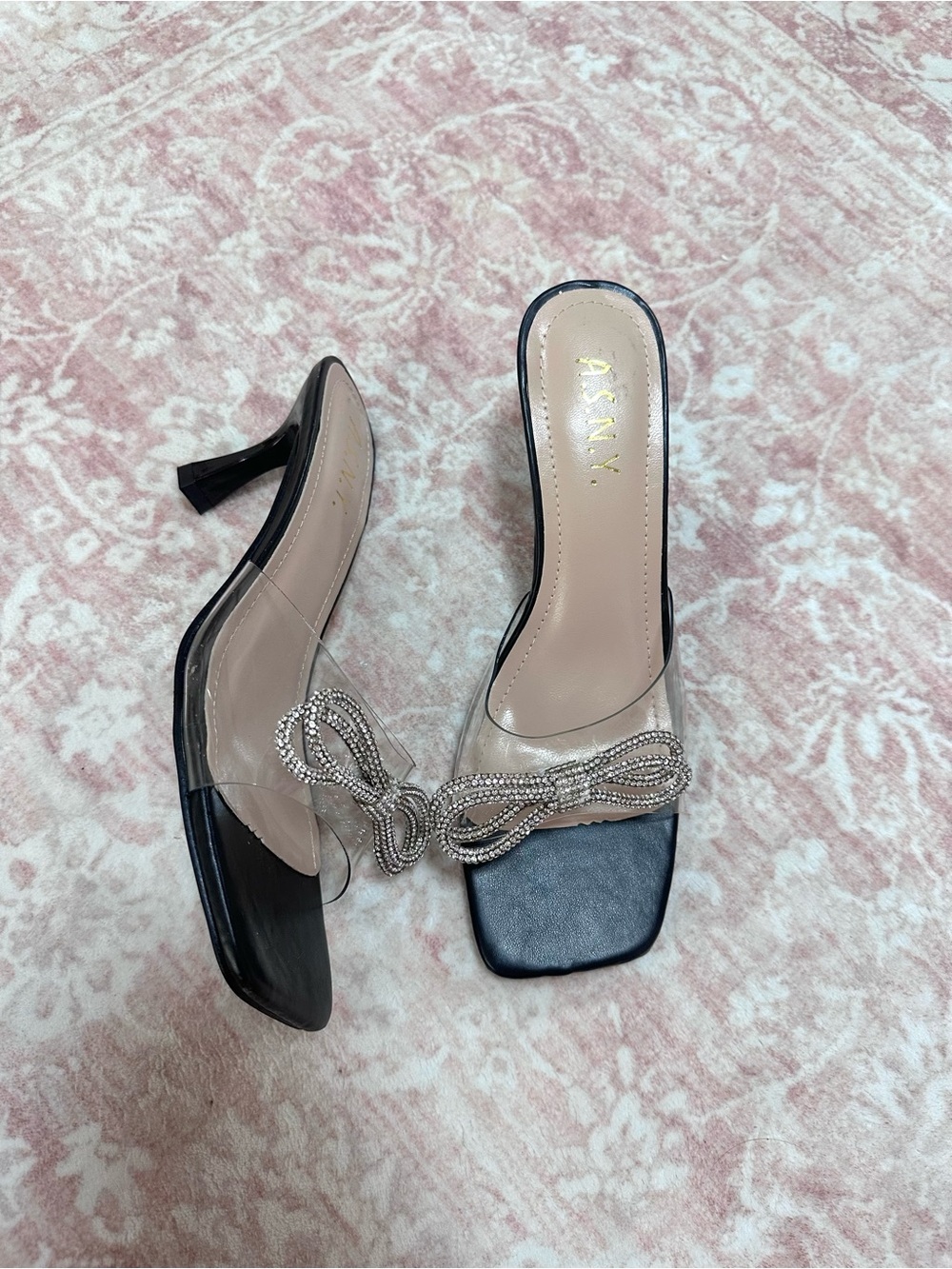 NEW 🖤 Y2K Crystal Bow Clear Strap Slip On Heels - Picture 6 of 9